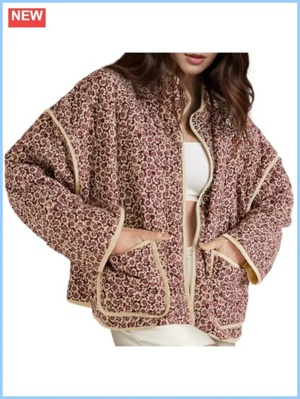 Women's Cropped Quilted Puffer Jacket Floral Print Open Front Lightweight